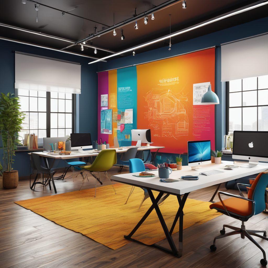 A creative workspace showcasing a diverse team brainstorming ideas for banner designs. Include vibrant colors, sketches of banners with various styles, and digital devices displaying designs. Add elements like color swatches, fabric samples, and event themes in the background. The atmosphere should be energetic and collaborative. super-realistic. vibrant colors. 3D.