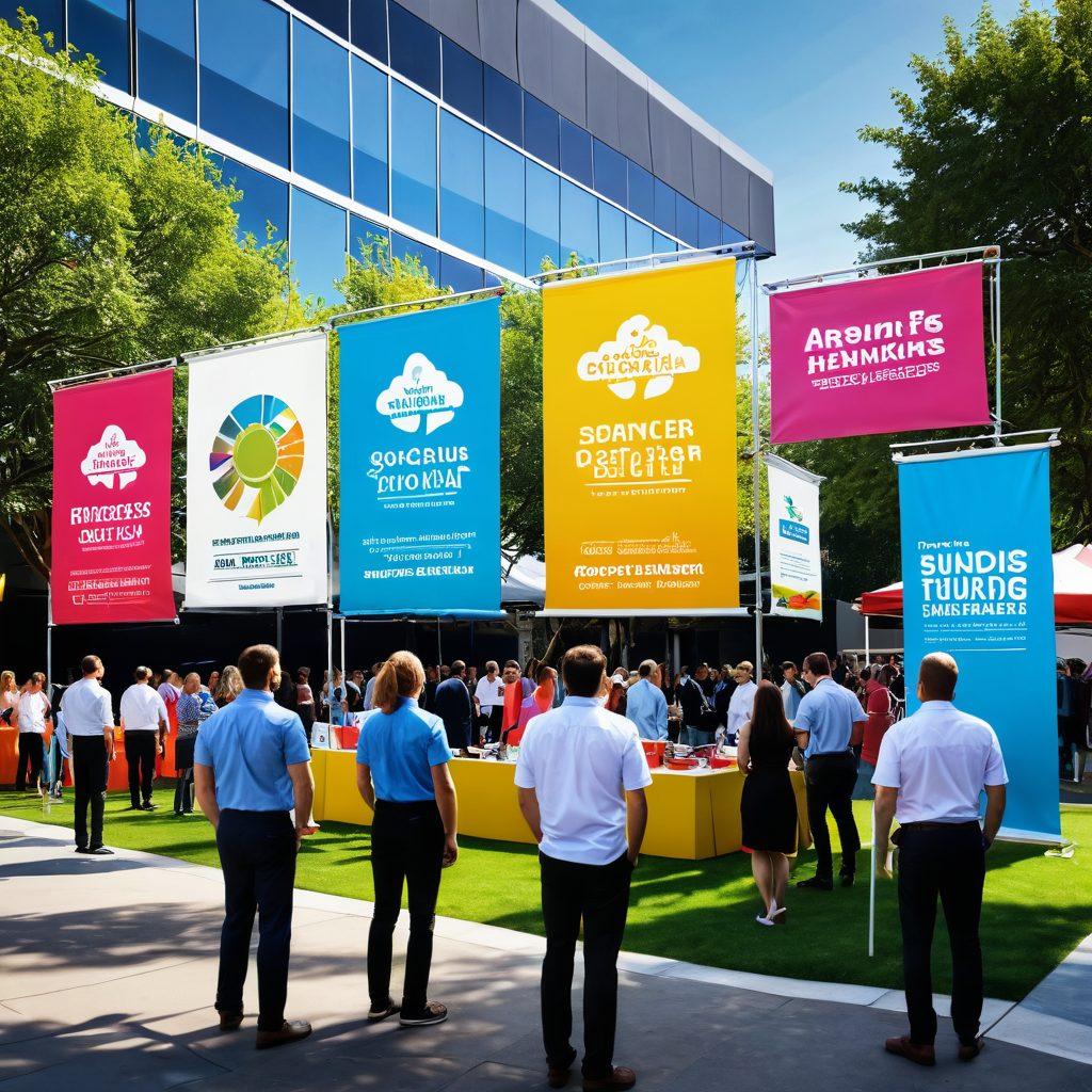 A vibrant outdoor scene featuring a diverse group of people engaging with colorful, eye-catching banners at a bustling trade show. Include various types of banners like roller banners, pop-up displays, and hanging advertisements, all with unique designs. The setting should be sunny with greenery in the background, showcasing the banners in action. Add a sense of excitement and interaction among the attendees. super-realistic. vibrant colors. outdoor setting.